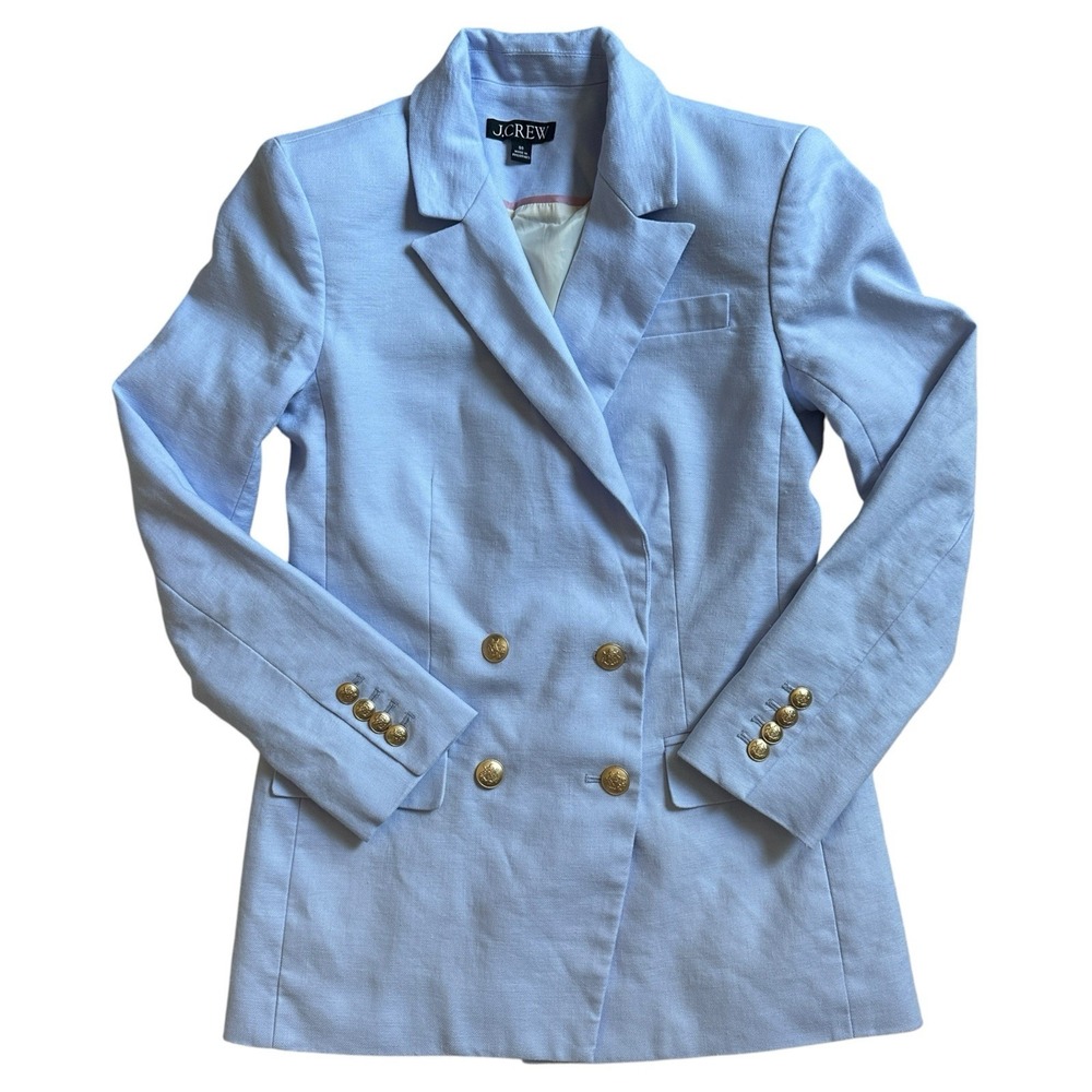 J Crew Bristol Blazer Jacket Size 00 Linen Blend Double Breasted BF433 Peri Blue